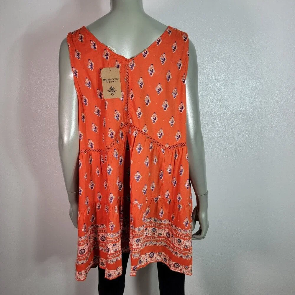 Romantic Gypsy Double V-Neck‎ Tank Top Plus Size 2X Rayon Sleeveless Orange NWT